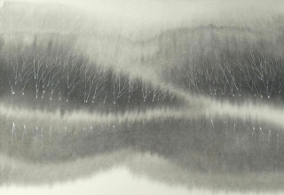 「翠雨の刻(すいうのとき)」墨・胡粉・石州半紙 稀 25×35cm