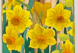 「黄水仙」岩絵具、水干/杉 40×9.7cm