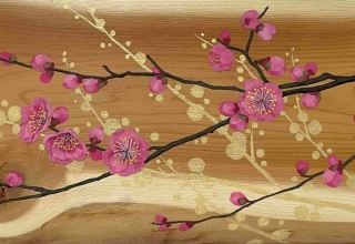 「紅梅」岩絵具、水干/イチイ 15.6×35cm