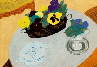 ボンコンパン「テーブルの上のパンジー」油彩10号