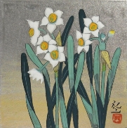 平松礼二「水仙歌」　日本画　15.5×15.5　只今額装中です　