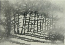 田中みぎわ「木もれびの道」　墨、胡粉/雲肌麻紙　9×12.7　　